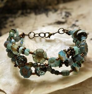Aqua Blue Opaline  Glass Druid Flower Wreath Bracelet In Brass